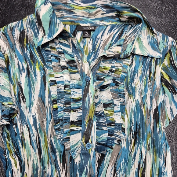 Blue Multi-Print Ruffled Button-Front Women's Top - Picture 3 of 7